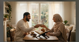 Muslim husband handing his wife a cup of tea beside an open Qur'an, showing marital love in Islam