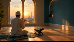 Man raising his hands in dua at dawn to recite Sayyidul Istighfar