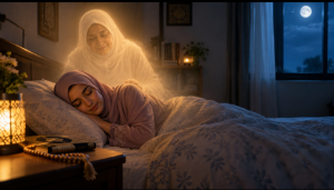 Dreaming of a deceased parent in Islam: woman sleeping as her late mother smiles in a dream