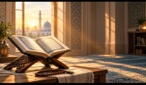 Open Qur'an on a wooden stand at dawn with the text Surah Fatiha Meaning